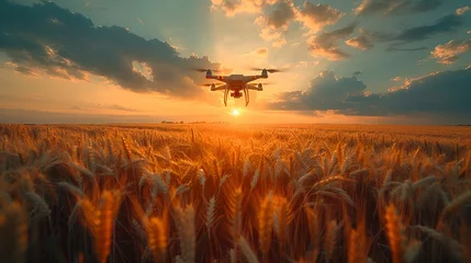 Deurstickers A black drone hovers over a golden wheat field in the rays of the setting sun. Concept: technologies in agriculture, the use of drones in agricultural technology and for crop monitoring. © Kostya