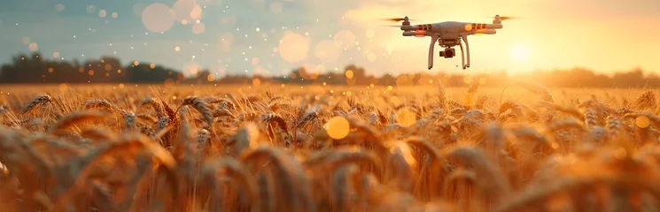 Deurstickers A black drone hovers over a golden wheat field in the rays of the setting sun. Concept: technologies in agriculture, the use of drones in agricultural technology and for crop monitoring. © Kostya