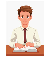 The student is studying the book. Reading in the library. Office worker. Vector. Cartoon concept of studying, working, practicing and getting profession, internship in office.