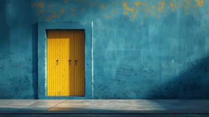 Wooden door in the blue background cement wall generate ai.