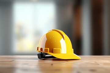 Construction works scheme with yellow or blue helmet and tools on light background - obrazy, fototapety, plakaty