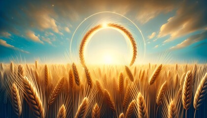 Beautiful illustration for baisakhi with a golden wheat field and wheat frame with space for text. - obrazy, fototapety, plakaty