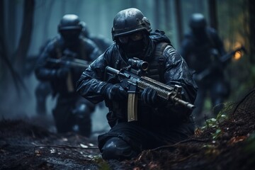 Fototapeta premium A group of elite soldiers, armed and camouflaged, conducting a rapid extraction operation in a dense wooded area. They move stealthily through the trees, staying alert for any potential threats