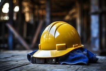 Construction works scheme with yellow or blue helmet and tools on light background