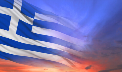 Greece flag on blue sky background. Concept of national holidays. Commemoration Day. Independence Day. 3d illustration
