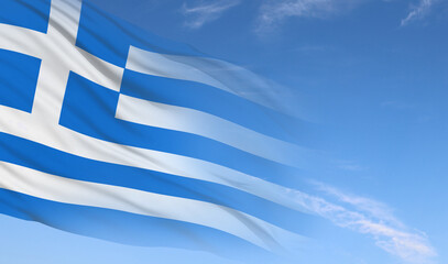 Greece flag on blue sky background. Concept of national holidays. Commemoration Day. Independence Day. 3d illustration - obrazy, fototapety, plakaty