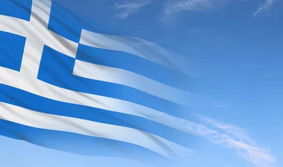 Fototapeten Greece flag on blue sky background. Concept of national holidays. Commemoration Day. Independence Day. 3d illustration © arsenypopel