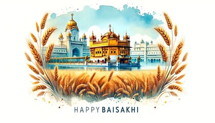 Watercolor style illustration for baisakhi with a field of wheat and golden temple.