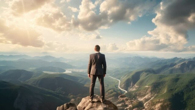 Successful businessman enjoys breathtaking mountain view