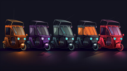 Illustration of futuristic electric rickshaw fleet flat background. - obrazy, fototapety, plakaty