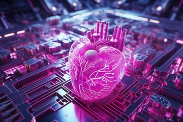 Cybernetic fusion of human heart in vibrant tech world, creating digital masterpiece - obrazy, fototapety, plakaty