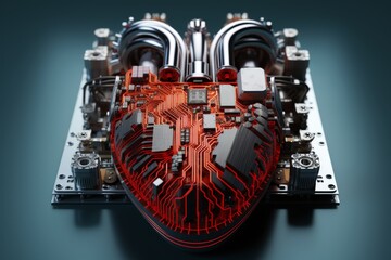 Cybernetic fusion of human heart in vibrant tech world creating digital masterpiece