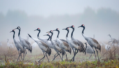 Naklejka premium Birds in the fog. Close-up of a flock of cranes in a mating dance in a swampy meadow at morning in thick fog.