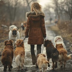 a girl in autumn clothes walks dogs on the street, different animals on a leash. Concept: pet care