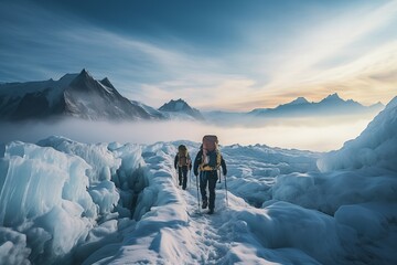 Experienced climbers navigating a treacherous glacier high above the clouds - obrazy, fototapety, plakaty