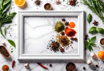 Bright frame made with fresh organic aromatic spices and herbs on white marble background with copy space for your design. Cook book cover mock up