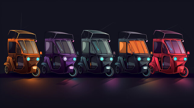 Illustration of futuristic electric rickshaw fleet flat background.