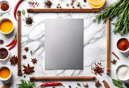Bright frame made with fresh organic aromatic spices and herbs on white marble background with copy space for your design. Cook book cover mock up