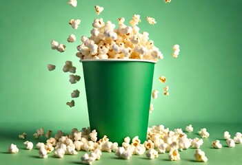 Popcorn spills out of a paper cup on a green background close-up