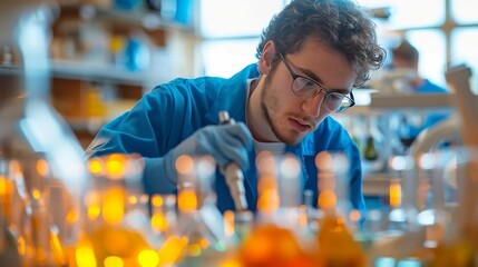 Young scientist conducting experiments in a laboratory environment. Laboratory research and chemical analysis by an aspiring chemist. Innovative medical research in a modern lab setting.
