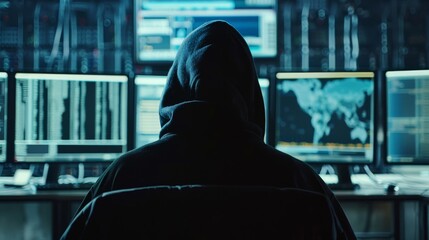 Person in a dark hoodie sitting in front of multiple computer monitors with various data and world map displays, suggesting a concept of cybersecurity, hacking, or intense computer work.