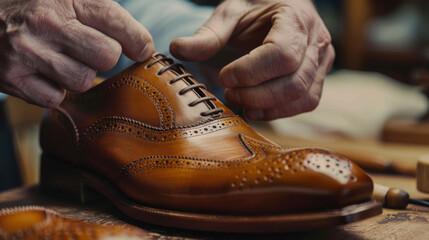 Artisan shoemaker finessing the laces of a handcrafted leather shoe with skillful precision. Detailed capture of a shoemaker's hands tying laces on a brown leather shoe. - obrazy, fototapety, plakaty
