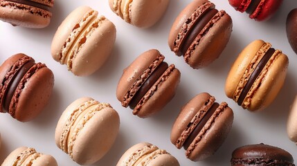 Assorted macarons display on white background for dessert choices. Variety of macaron flavors presented neatly in rows. Delicious French macarons selection in neutral tones.