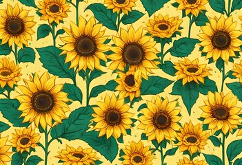Long wide summer banner with yellow sunflowers on bright yellow background. Bright greeting card template.