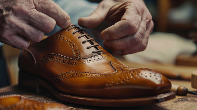 Artisan shoemaker finessing the laces of a handcrafted leather shoe with skillful precision. Detailed capture of a shoemaker's hands tying laces on a brown leather shoe.