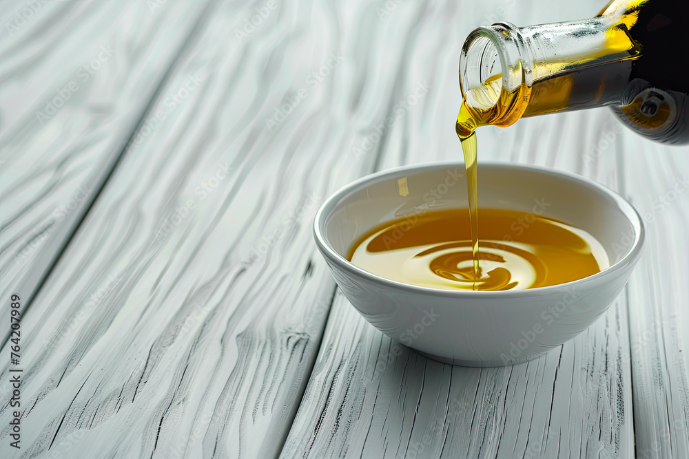 Wall mural Bottle pouring virgin olive oil in a bowl on a white wooden table. Copy space