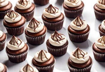 Small cupcakes with cocoa and white and milk chocolate with cream on a white background close-up