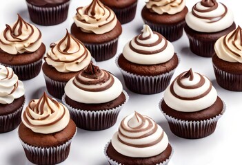 Small cupcakes with cocoa and white and milk chocolate with cream on a white background close-up