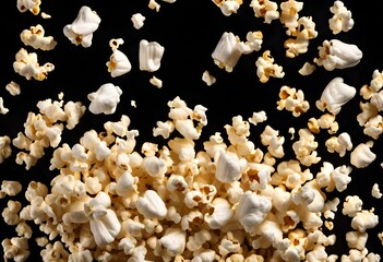 Popcorn spills out of the glass on a black background, viewed from above. A splash of popcorn  