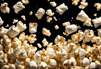 Popcorn spills out of the glass on a black background, viewed from above. A splash of popcorn  