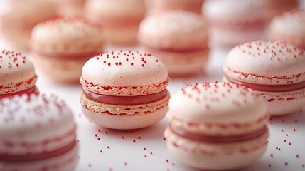 Fototapeta premium Pink macarons with festive red sprinkles perfect for celebrations. Elegant dessert of macarons with decorative accents for events. Delightful pink macarons adorned with red sprinkles for a sweet treat