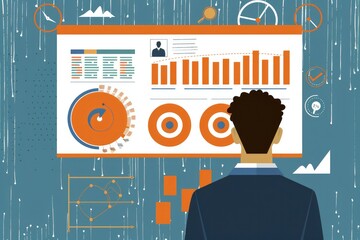 An illustration in flat design showcasing a strategic planning concept with people. A man is depicted analyzing business processes, planning tasks in a list, and targeting and achieving goals. 