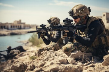 A group of special forces operatives are shown in the midst of setting up a sniper position. They are armed with guns, focused and prepared for the task at hand