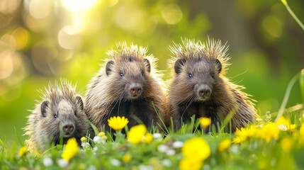 Porcupines on natural background. 