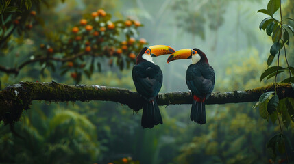 Fototapeta premium Toucans on the tropical forest. 