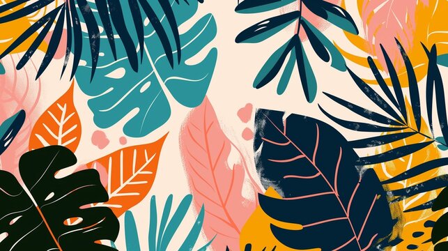 Vibrant Tropical Foliage Pattern with Retro Textures and Bold Colors - Powered by Adobe