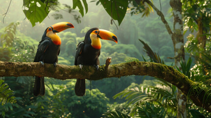 Fototapeta premium Toucans on the tropical forest. 
