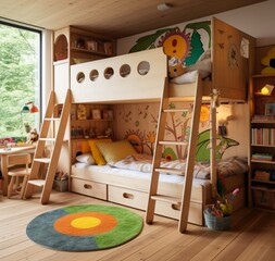 interior of a room with wooden double bed for babies