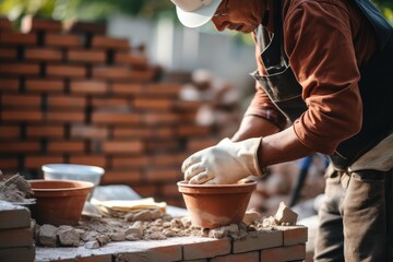 Skilled male builder expertly constructing red brick wall using trowel and brick