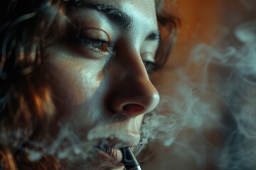 Woman is smoking cigarette and smoke is coming out of her mouth