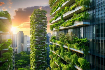 Zelfklevend Fotobehang Urban Sustainability, A city skyline with two tall buildings covered in green plants. The buildings are surrounded by a lush green park. The sky is orange and the sun is setting © BrightSpace