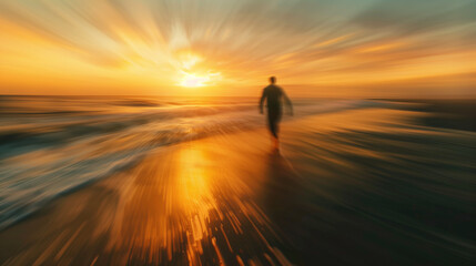 Person silhouetted against a vibrant sunset on the beach.