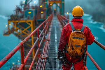 Man in Hard Hat and Red Coverall Walking Across Bridge