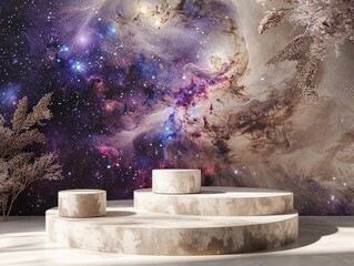 3d render natural beauty podium with magic fountain in the night space galaxy, for product display