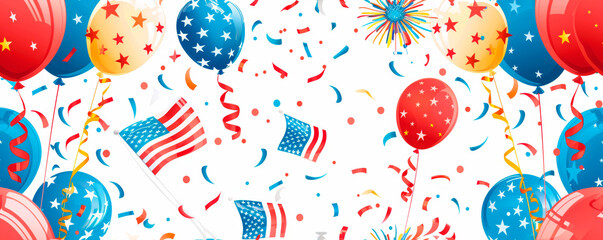 A patriotic scene featuring colorful balloons and confetti in the air, creating a festive atmosphere. America's Independence Day. Seamless pattern. Banner