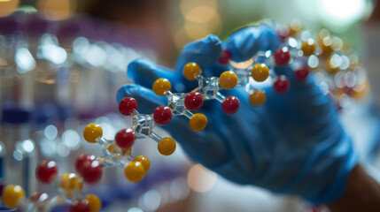 Focused scientist with blue gloves analyzing a colorful molecular structure model in a laboratory setting.